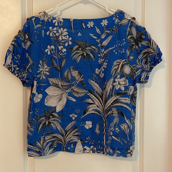 J. Crew Linen v-neck top Ratti Tropical Toile print gorgeous blue white black - Picture 3 of 4